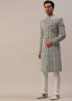 Teal Green Embroidered Sherwani Set With Layered Mala