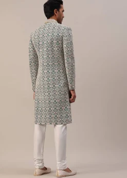 Teal Green Embroidered Sherwani Set With Layered Mala