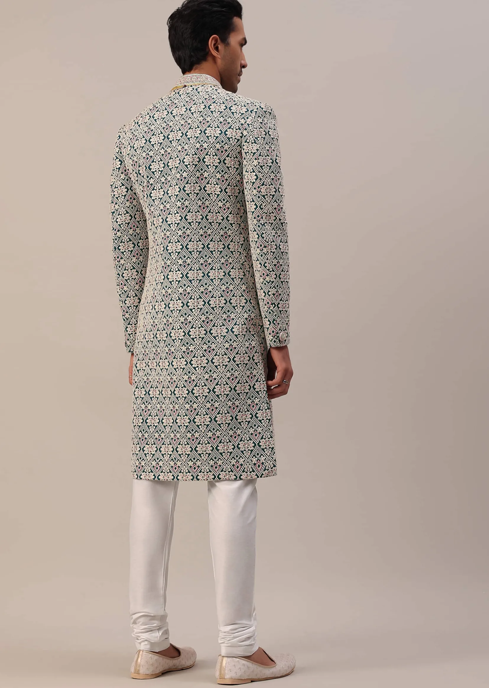 Teal Green Embroidered Sherwani Set With Layered Mala