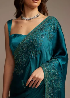 Teal Green Satin Chinon Saree with Floral Embroidery