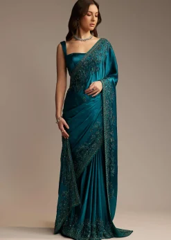 Teal Green Satin Chinon Saree with Floral Embroidery