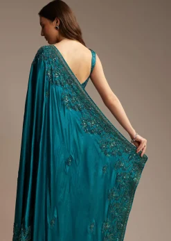 Teal Green Satin Chinon Saree with Floral Embroidery