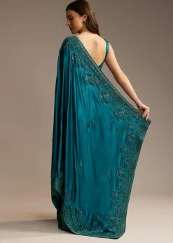 Teal Green Satin Chinon Saree with Floral Embroidery