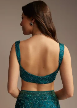 Teal Green Satin Chinon Saree with Floral Embroidery