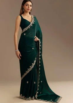 Teal Green Satin Saree With Zardosi Embroidery And Scallop Border