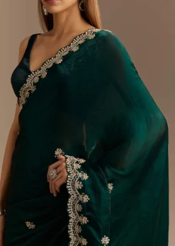 Teal Green Satin Saree With Zardosi Embroidery And Scallop Border
