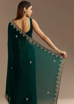 Teal Green Satin Saree With Zardosi Embroidery And Scallop Border