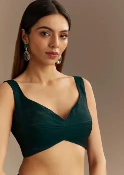 Teal Green Satin Saree With Zardosi Embroidery And Scallop Border