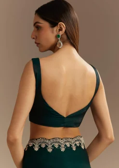 Teal Green Satin Saree With Zardosi Embroidery And Scallop Border