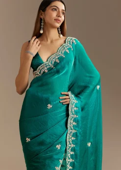 Teal Green Satin Saree With Zardosi Moti Embroidery And Scallop Border