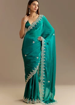 Teal Green Satin Saree With Zardosi Moti Embroidery And Scallop Border