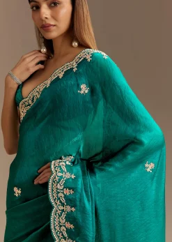 Teal Green Satin Saree With Zardosi Moti Embroidery And Scallop Border