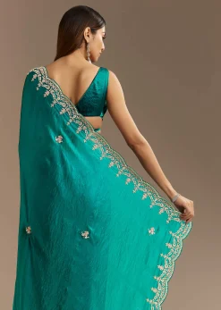 Teal Green Satin Saree With Zardosi Moti Embroidery And Scallop Border