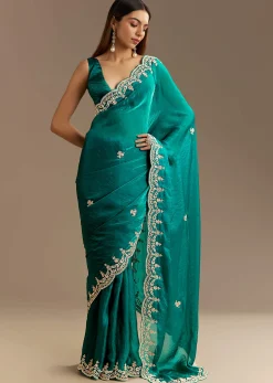 Teal Green Satin Saree With Zardosi Moti Embroidery And Scallop Border