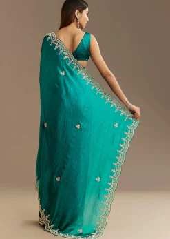 Teal Green Satin Saree With Zardosi Moti Embroidery And Scallop Border