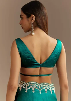 Teal Green Satin Saree With Zardosi Moti Embroidery And Scallop Border