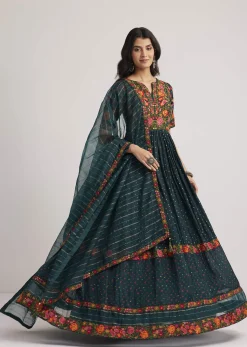 Teal Green Silk Bandhani Anarkali With Organza Dupatta