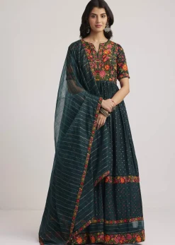 Teal Green Silk Bandhani Anarkali With Organza Dupatta