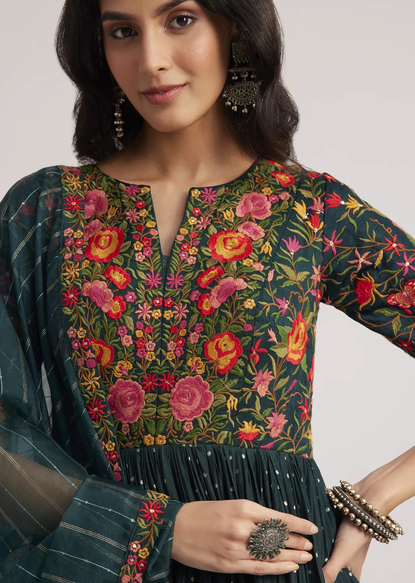Teal Green Silk Bandhani Anarkali With Organza Dupatta