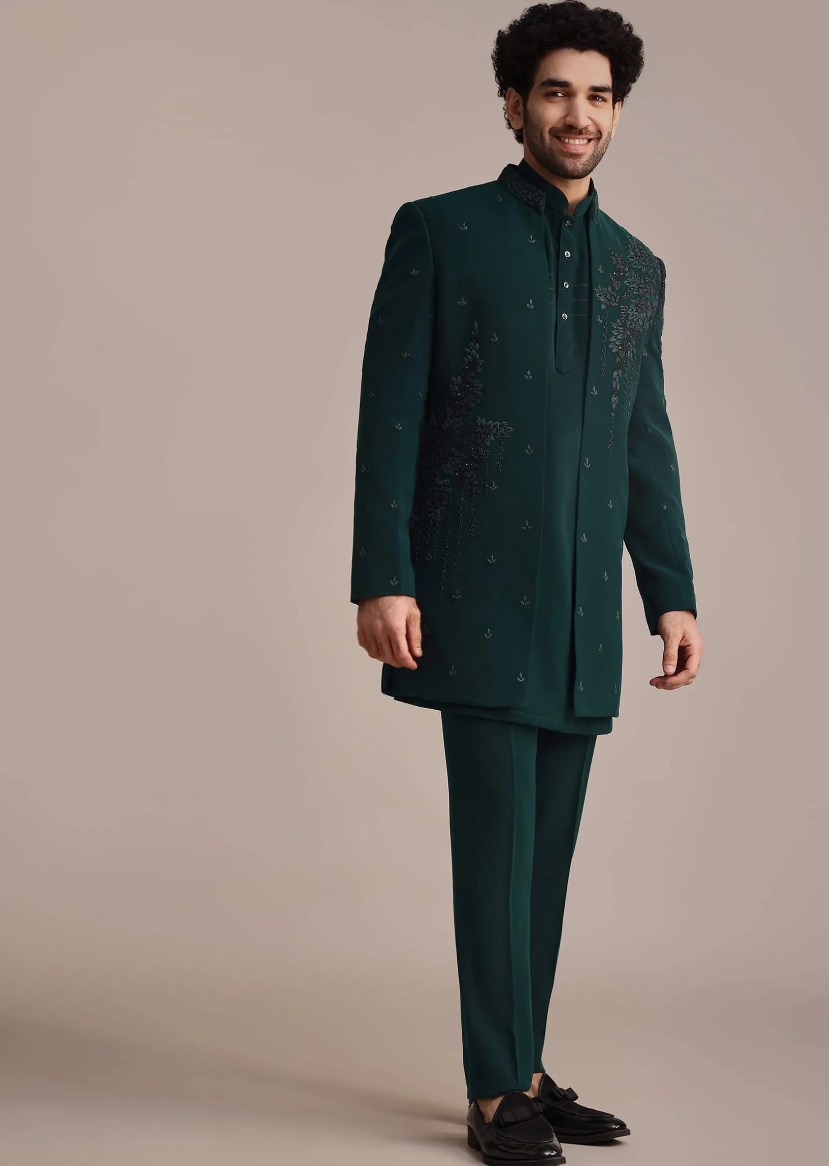 Teal Indowestern Set With Hand Work For Men