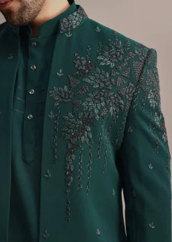 Teal Indowestern Set With Hand Work For Men