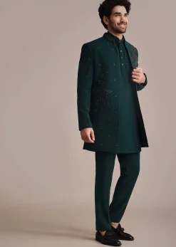 Teal Indowestern Set With Hand Work For Men