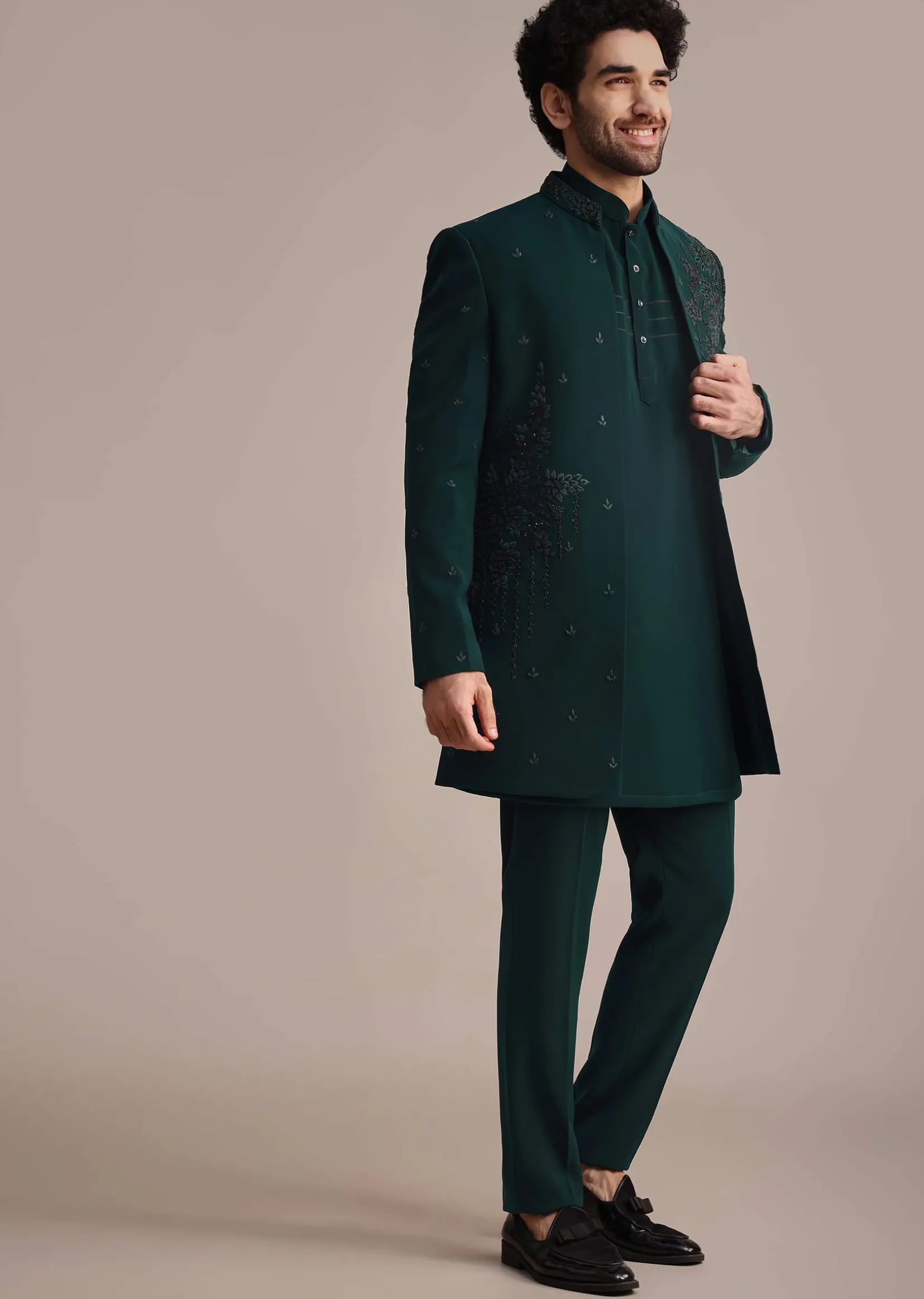 Teal Indowestern Set With Hand Work For Men
