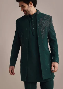 Teal Indowestern Set With Hand Work For Men
