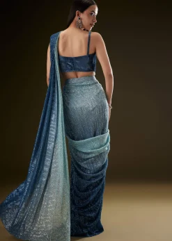 Teal Ombre Sequence Ready To Wear Saree With Velvet Blouse