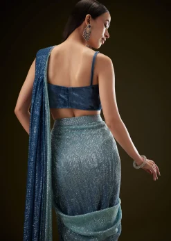 Teal Ombre Sequence Ready To Wear Saree With Velvet Blouse