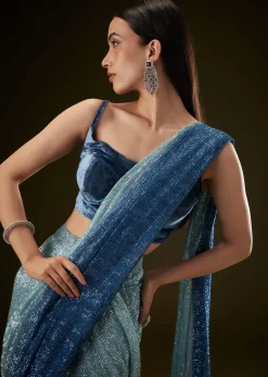 Teal Ombre Sequence Ready To Wear Saree With Velvet Blouse