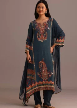 Teal Printed Kurti Pant Set With Chiffon Dupatta