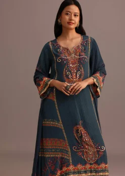 Teal Printed Kurti Pant Set With Chiffon Dupatta