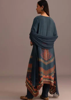 Teal Printed Kurti Pant Set With Chiffon Dupatta