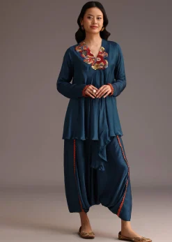 Teal Resham Work Kurti And Bohemian Dhoti