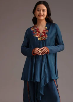 Teal Resham Work Kurti And Bohemian Dhoti