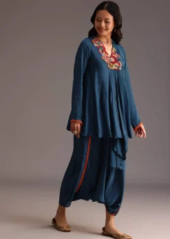 Teal Resham Work Kurti And Bohemian Dhoti