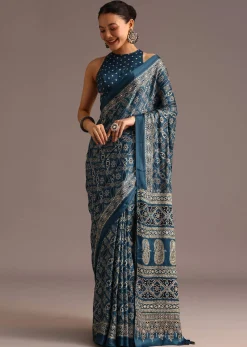Teal Satin Ajrakh Print Saree With Mirror Embellished Border And Pallu