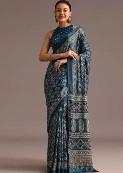 Teal Satin Ajrakh Print Saree With Mirror Embellished Border And Pallu
