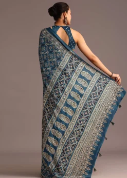 Teal Satin Ajrakh Print Saree With Mirror Embellished Border And Pallu