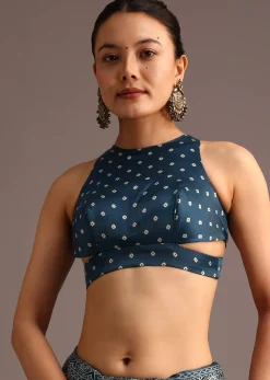 Teal Satin Ajrakh Print Saree With Mirror Embellished Border And Pallu