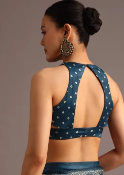 Teal Satin Ajrakh Print Saree With Mirror Embellished Border And Pallu
