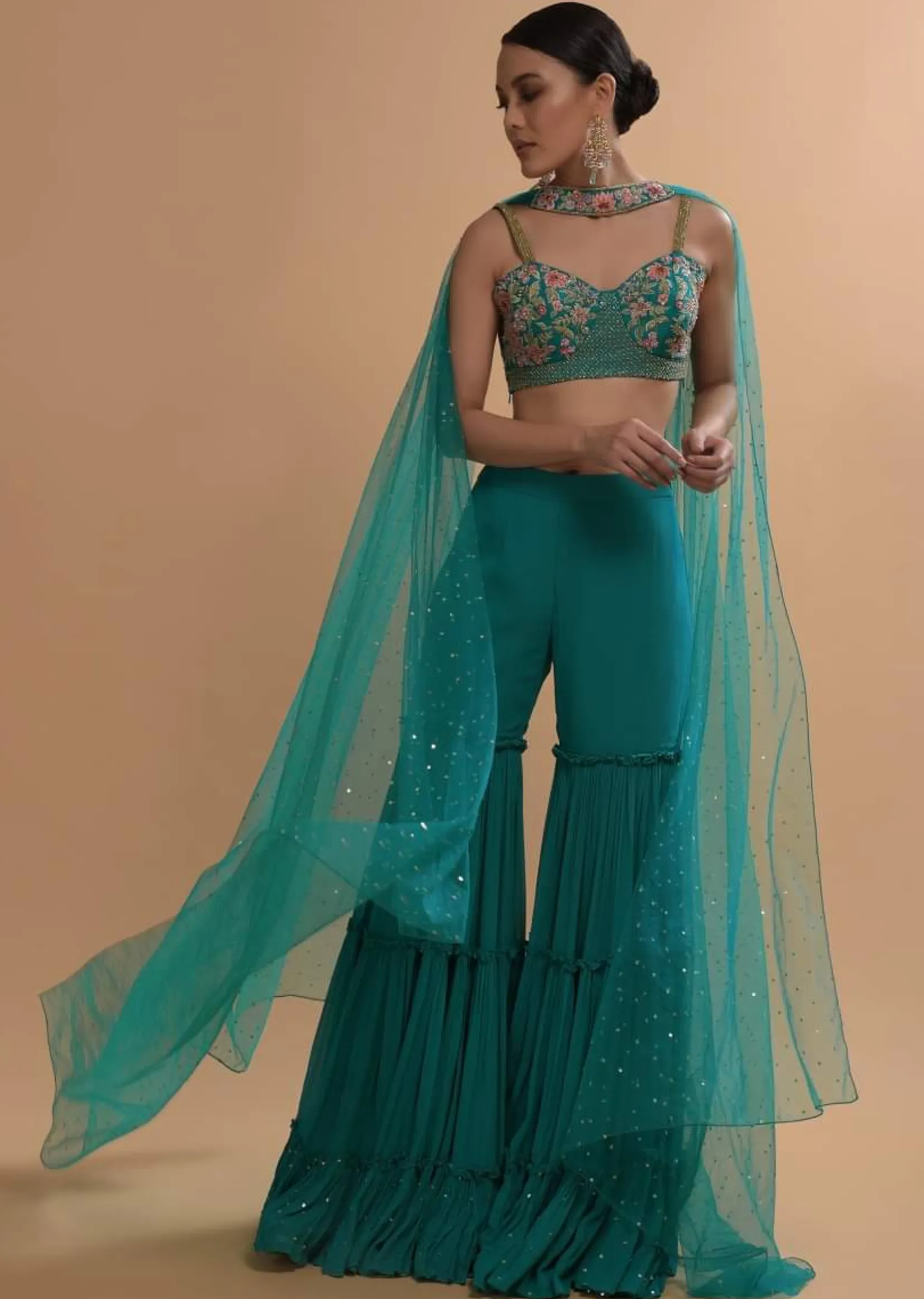 Teal Sharara And Crop Top Set With Colorful Resham, Cut Dana And Moti Embroidered Spring Blooms