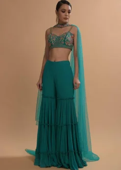 Teal Sharara And Crop Top Set With Colorful Resham, Cut Dana And Moti Embroidered Spring Blooms