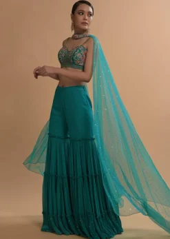 Teal Sharara And Crop Top Set With Colorful Resham, Cut Dana And Moti Embroidered Spring Blooms