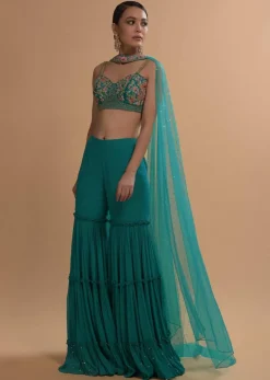Teal Sharara And Crop Top Set With Colorful Resham, Cut Dana And Moti Embroidered Spring Blooms