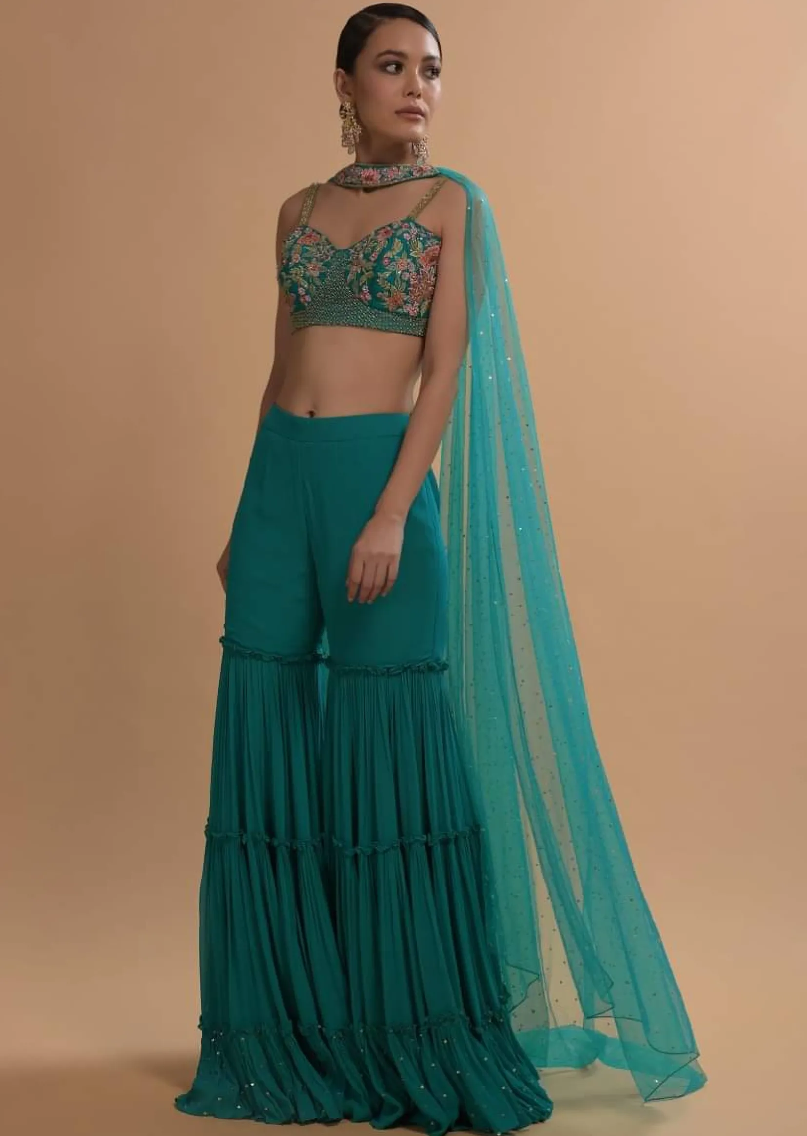 Teal Sharara And Crop Top Set With Colorful Resham, Cut Dana And Moti Embroidered Spring Blooms