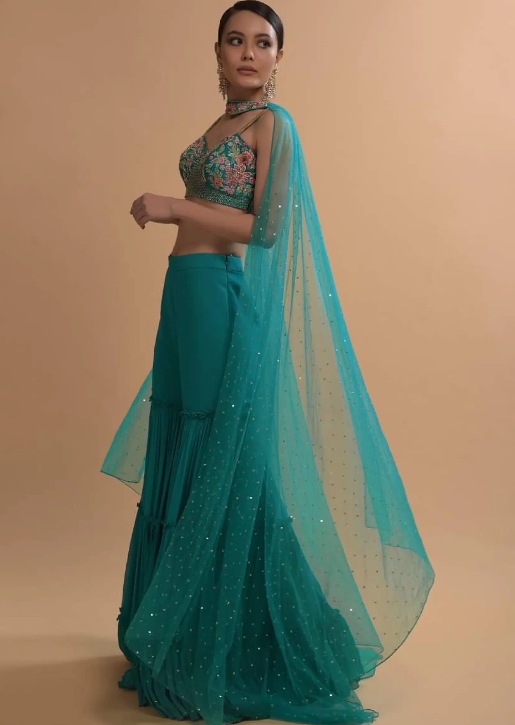 Teal Sharara And Crop Top Set With Colorful Resham, Cut Dana And Moti Embroidered Spring Blooms