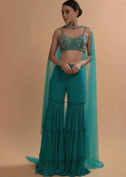Teal Sharara And Crop Top Set With Colorful Resham, Cut Dana And Moti Embroidered Spring Blooms
