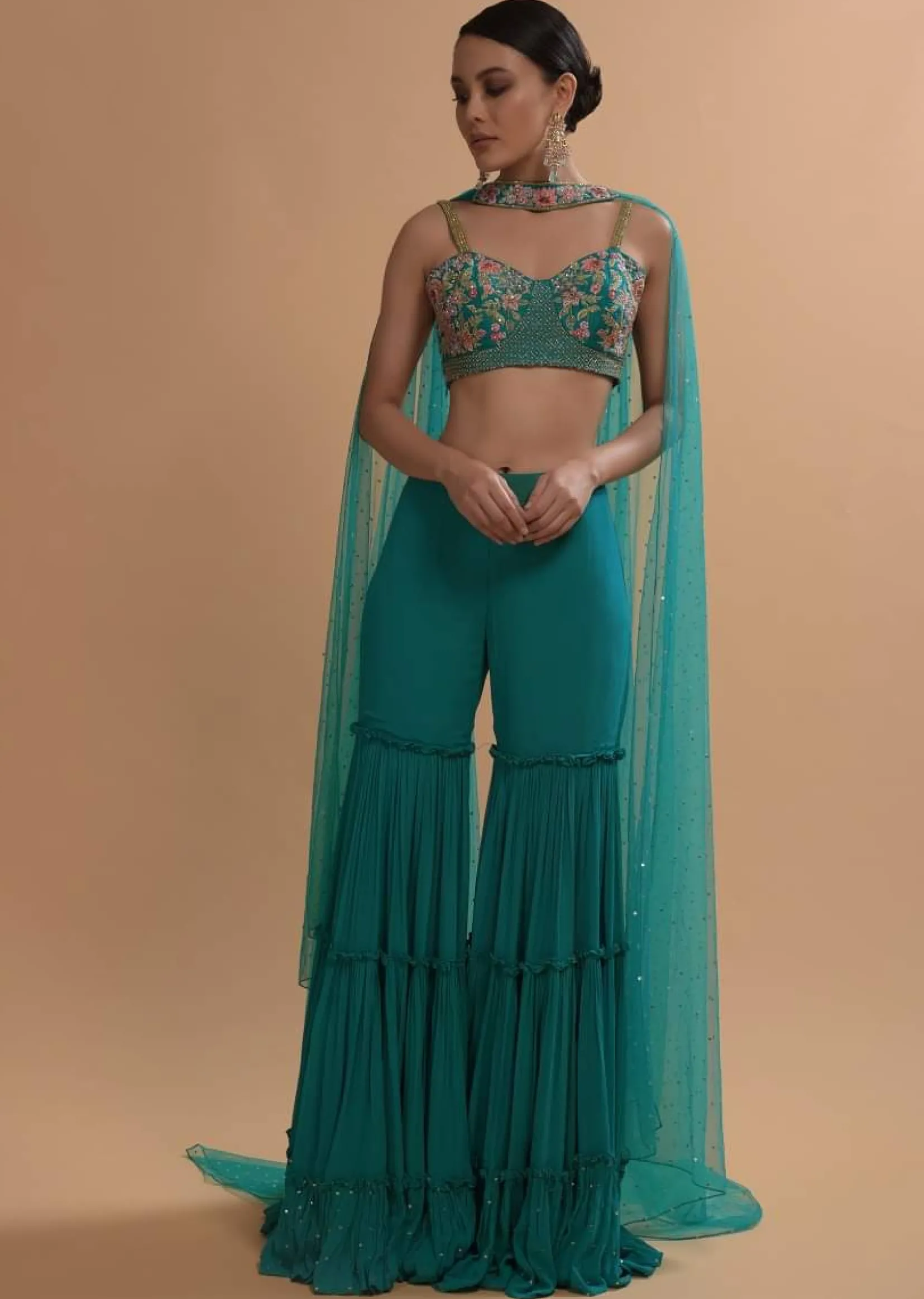 Teal Sharara And Crop Top Set With Colorful Resham, Cut Dana And Moti Embroidered Spring Blooms